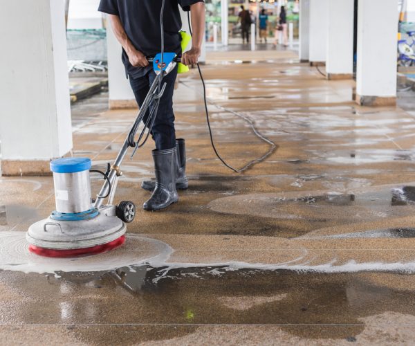 Asian,Worker,Cleaning,Sand,Wash,Exterior,Walkway,Using,Polishing,Machine